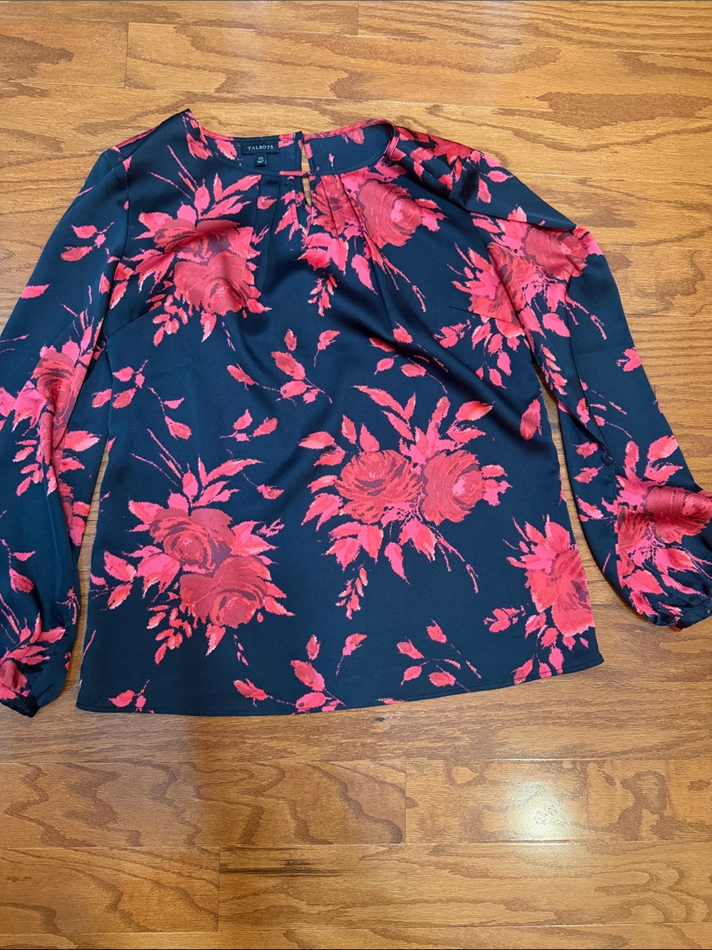 Talbots Black Blouse with Vibrant red Floral Print